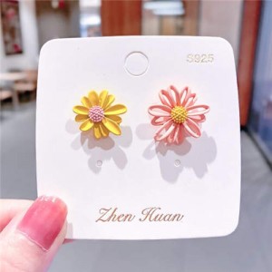 Korean Style Contrast Color Daisy Design Women Stud Earrings - Yellow and Pink