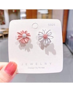 Korean Style Contrast Color Daisy Design Women Stud Earrings - Pink and White