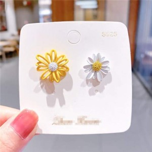 Unique Hollow Flower and Chrysanthemum Combo Design Korean Fashion Wholesale Stud Earrings - Yellow and White