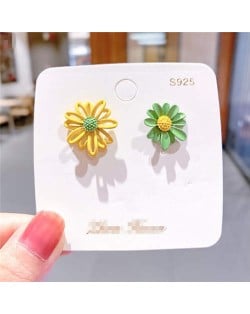Unique Hollow Flower and Chrysanthemum Combo Design Korean Fashion Wholesale Stud Earrings - Yellow and Green