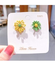 Unique Hollow Flower and Chrysanthemum Combo Design Korean Fashion Wholesale Stud Earrings - Yellow and Green