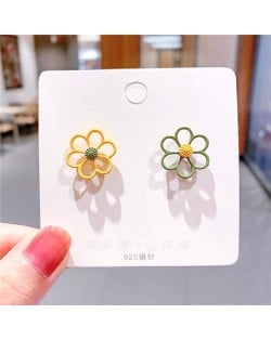 Contrast Hollow Flowers Design High Fashion Wholesale Women Stud Earrings - Yellow and Green