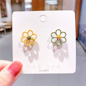 Contrast Hollow Flowers Design High Fashion Wholesale Women Stud Earrings - Yellow and Green