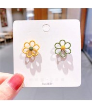 Contrast Hollow Flowers Design High Fashion Wholesale Women Stud Earrings - Yellow and Green