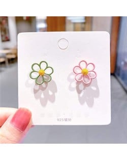 Contrast Hollow Flowers Design High Fashion Wholesale Women Stud Earrings - Green and Pink