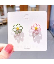 Contrast Hollow Flowers Design High Fashion Wholesale Women Stud Earrings - Green and Pink