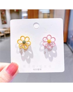 Contrast Hollow Flowers Design High Fashion Wholesale Women Stud Earrings - Yellow and Pink