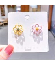 Contrast Hollow Flowers Design High Fashion Wholesale Women Stud Earrings - Yellow and Pink