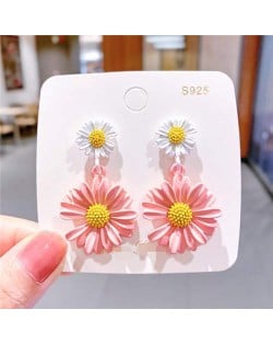 Contrast Colors Chrysanthemum Unique Drop Design Women Wholesale Costume Earrings - White and Pink