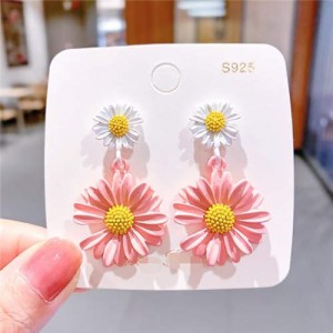 Contrast Colors Chrysanthemum Unique Drop Design Women Wholesale Costume Earrings - White and Pink