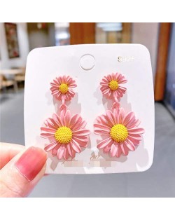 Contrast Colors Chrysanthemum Unique Drop Design Women Wholesale Costume Earrings - Pink