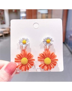 Contrast Colors Chrysanthemum Unique Drop Design Women Wholesale Costume Earrings - White and Orange