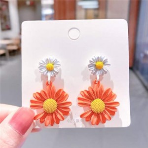 Contrast Colors Chrysanthemum Unique Drop Design Women Wholesale Costume Earrings - White and Orange