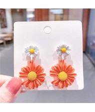 Contrast Colors Chrysanthemum Unique Drop Design Women Wholesale Costume Earrings - White and Orange