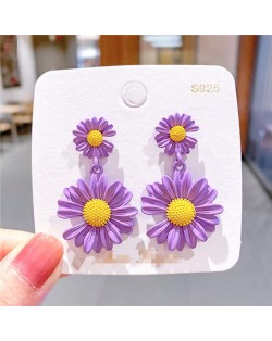 Contrast Colors Chrysanthemum Unique Drop Design Women Wholesale Costume Earrings - Violet