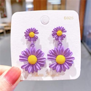 Contrast Colors Chrysanthemum Unique Drop Design Women Wholesale Costume Earrings - Violet