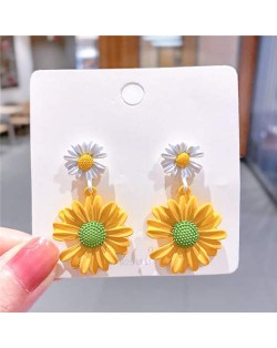 Contrast Colors Chrysanthemum Unique Drop Design Women Wholesale Costume Earrings - White and Yellow