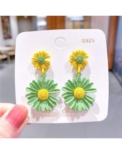 Contrast Colors Chrysanthemum Unique Drop Design Women Wholesale Costume Earrings - Yellow and Light Green