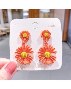 Contrast Colors Chrysanthemum Unique Drop Design Women Wholesale Costume Earrings - Orange