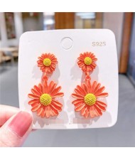 Contrast Colors Chrysanthemum Unique Drop Design Women Wholesale Costume Earrings - Orange