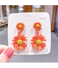 Contrast Colors Chrysanthemum Unique Drop Design Women Wholesale Costume Earrings - Orange