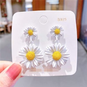 Contrast Colors Chrysanthemum Unique Drop Design Women Wholesale Costume Earrings - White