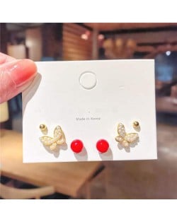 Butterfly and Red Button Combo Korean Trend Wholesale Kpop Stud Earrings Set