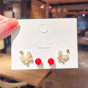 Butterfly and Red Button Combo Korean Trend Wholesale Kpop Stud Earrings Set