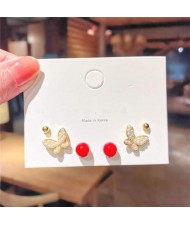 Butterfly and Red Button Combo Korean Trend Wholesale Kpop Stud Earrings Set