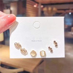 Crown and Square Opal Combo Korean Fashion Women Stud Earrings Set