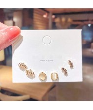 Crown and Square Opal Combo Korean Fashion Women Stud Earrings Set