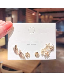 Romantic Opal Flowers and Leaves Combo Korean Fashion Women Stud Earrings Set