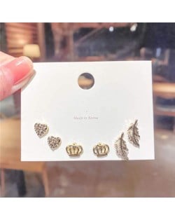 Crown and Feather Love Heart Fashion Women Stud Wholesale Earrings Set