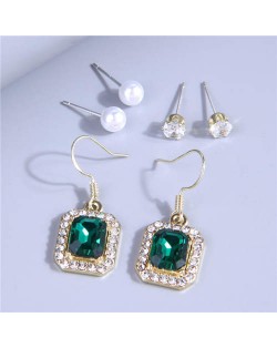 Green Gem Inlaid Square Shape Dangle with Pearl Stud Wholesale Earrings Combo