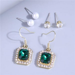 Green Gem Inlaid Square Shape Dangle with Pearl Stud Wholesale Earrings Combo