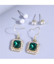 Green Gem Inlaid Square Shape Dangle with Pearl Stud Wholesale Earrings Combo