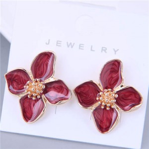 Red Enamel Gorgeous Flower Design Graceful Women Wholesale Fashion Earrings