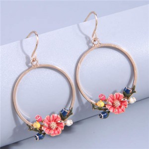 Oil-spot Glazed Flower Golden Hoop Design Women Wholesale Costume Earrings