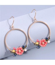 Oil-spot Glazed Flower Golden Hoop Design Women Wholesale Costume Earrings