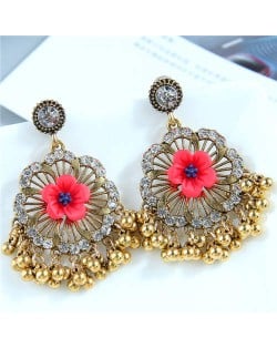 Vivid Red Flower Studs Tassel Retro Style Golden Women Wholesale Costume Earrings