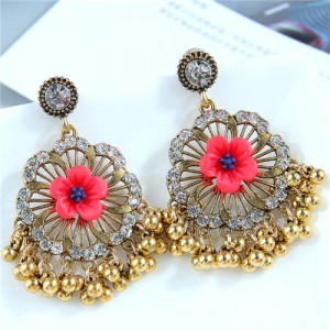 Vivid Red Flower Studs Tassel Retro Style Golden Women Wholesale Costume Earrings