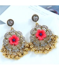 Vivid Red Flower Studs Tassel Retro Style Golden Women Wholesale Costume Earrings