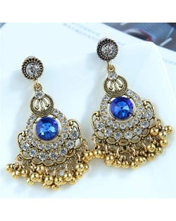 Blue Gem Inlaid Studs Tassel Retro Fashion Golden Women Wholesale Fashion Earrings