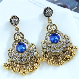 Blue Gem Inlaid Studs Tassel Retro Fashion Golden Women Wholesale Fashion Earrings