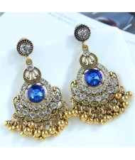 Blue Gem Inlaid Studs Tassel Retro Fashion Golden Women Wholesale Fashion Earrings