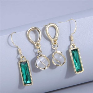 Oblong Green and Round Gem Combo High Fashion Women Costume Wholesale Earrings Set