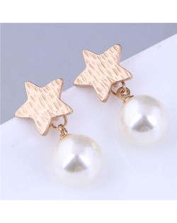 Golden Star and Dangle Pearl Combo Design Office Lady Style Wholesale Women Stud Earrings