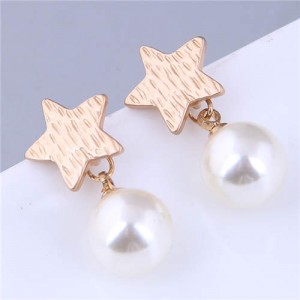 Golden Star and Dangle Pearl Combo Design Office Lady Style Wholesale Women Stud Earrings