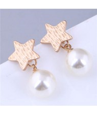 Golden Star and Dangle Pearl Combo Design Office Lady Style Wholesale Women Stud Earrings