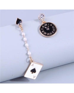 Poker and Classical Clock Asymmetrical Design Women Dangle Wholesale Costume Earrings